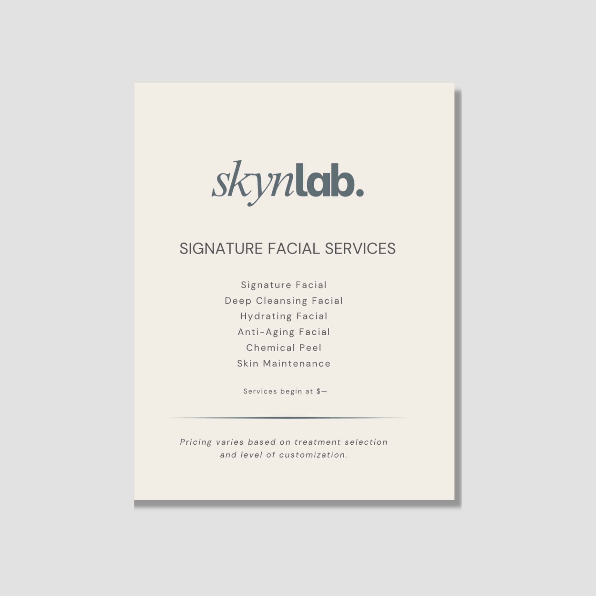 Skynlab 16×20 Facial Treatment Menu