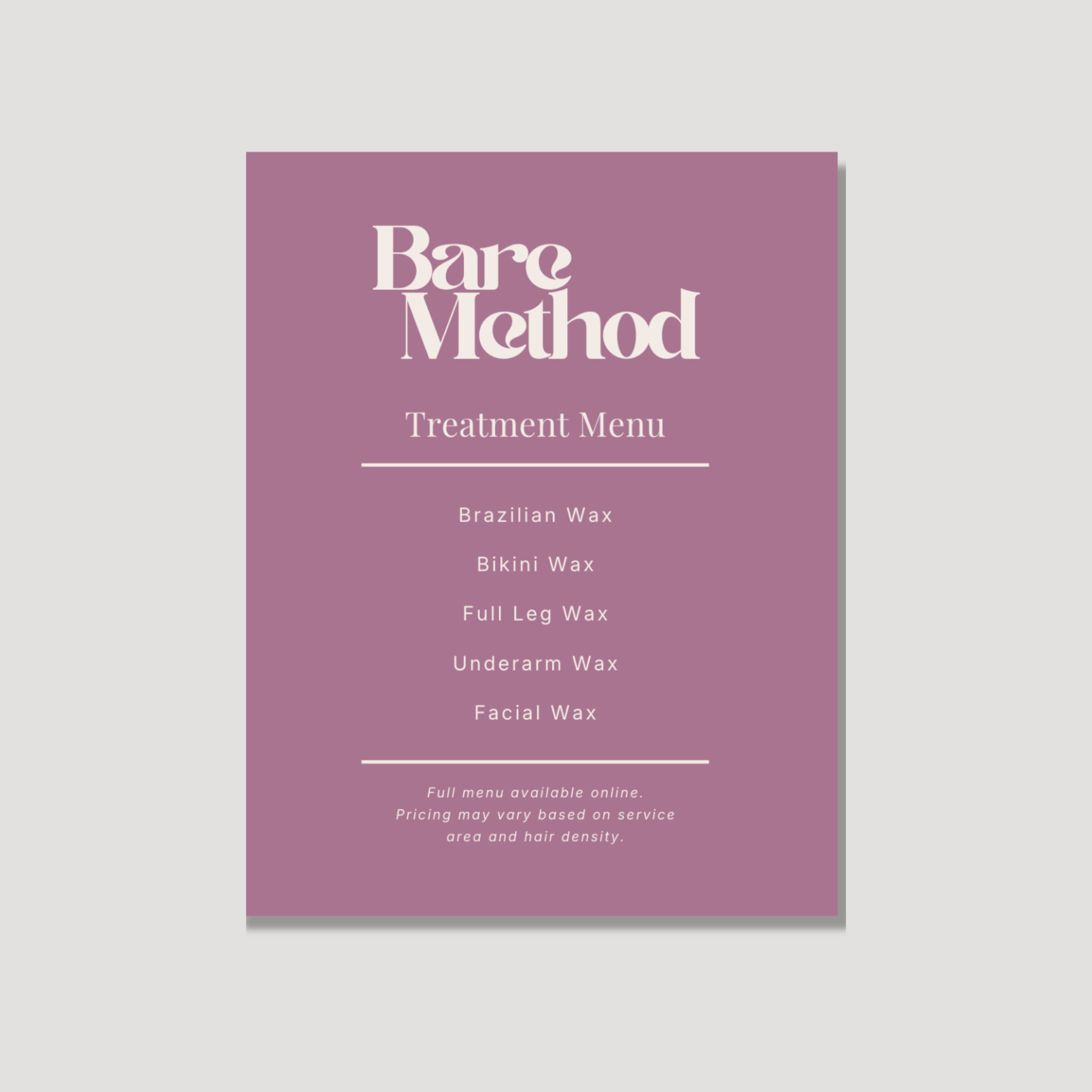Bare Method 16×20 Treatment Menu