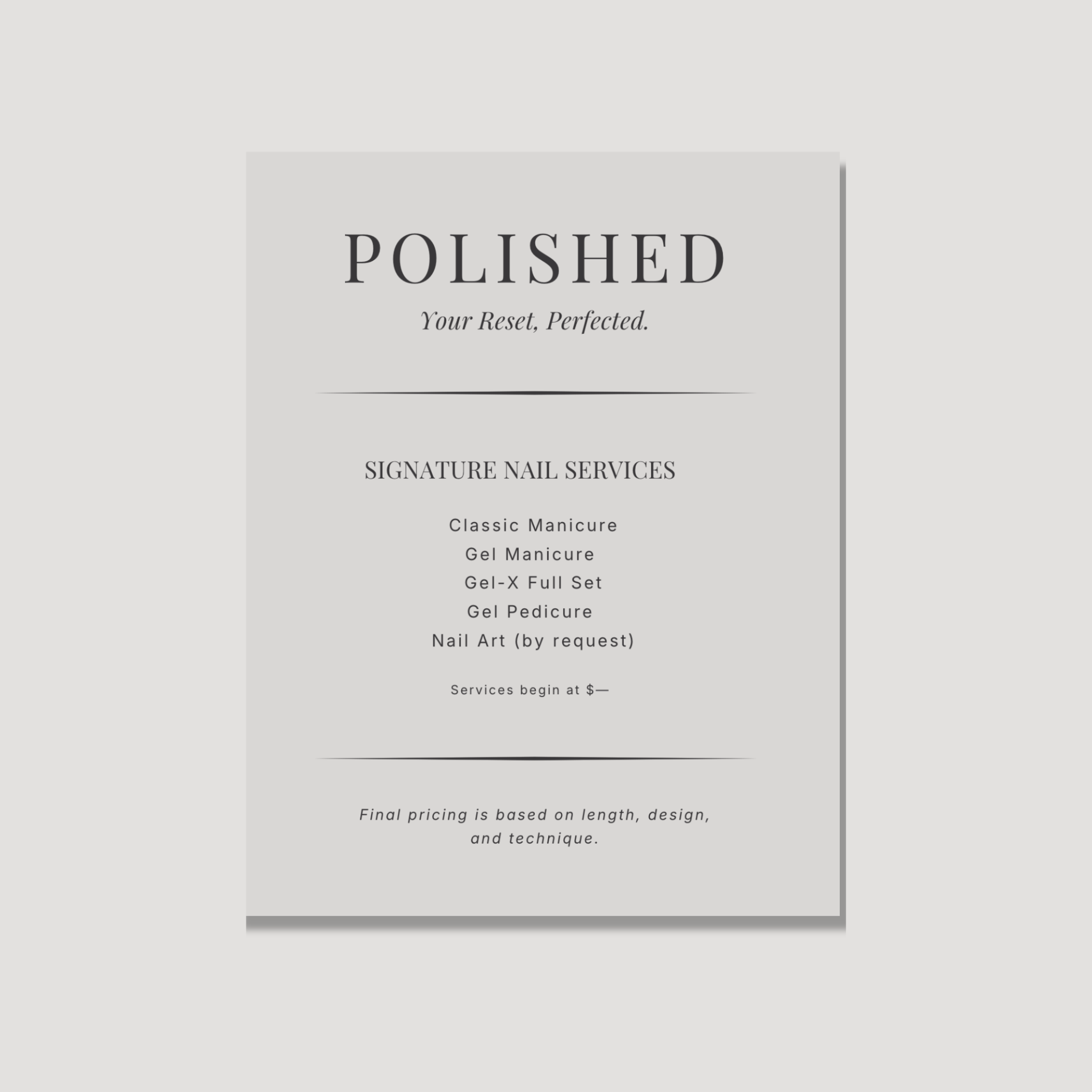 Polished 16×20 Nail Service Menu
