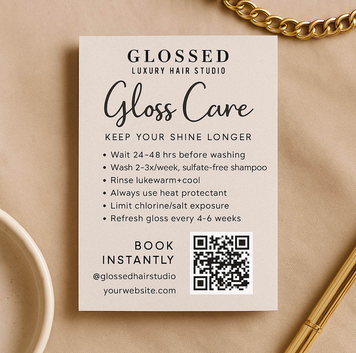 Gloss Care After-Care Card Template (Canva) | Business Card Size + QR | Shine/Gloss Treatment Care – Glossed Collection