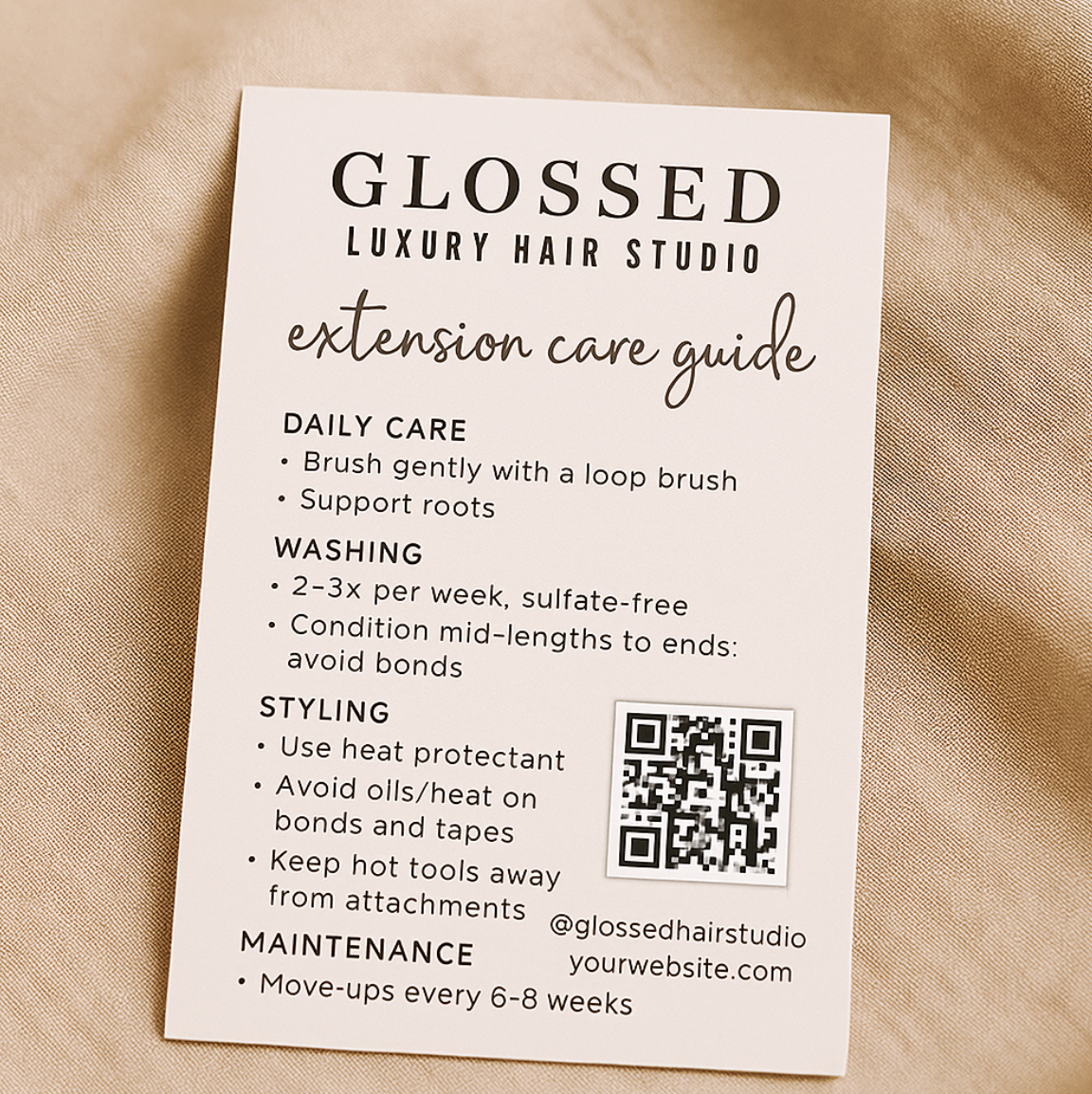Extension Care After-Care Card Template (Canva) | Business Card Size + QR | Tape-In/Weft Maintenance – Glossed Collection