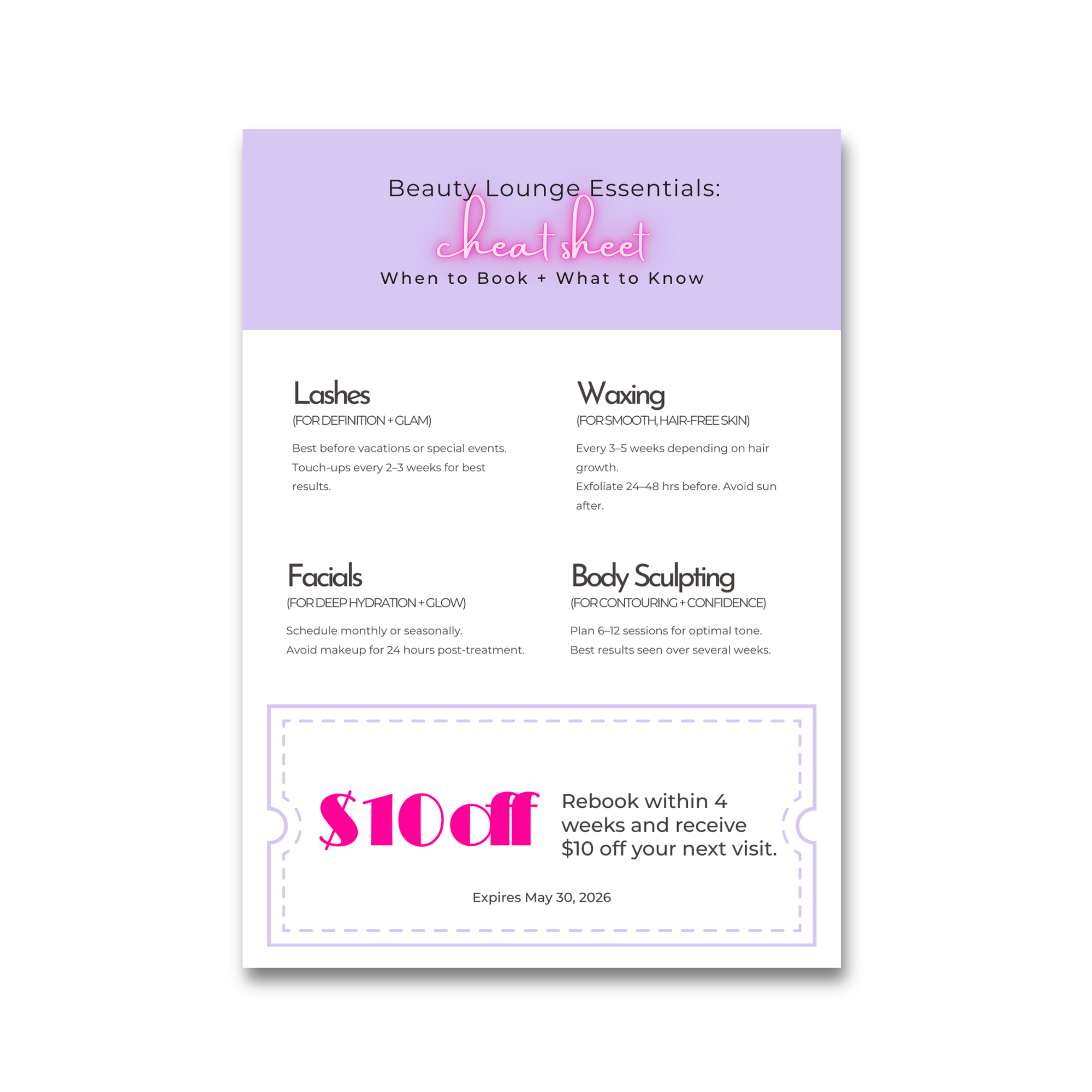 Beauty Lounge Service Cheat Sheet Template
