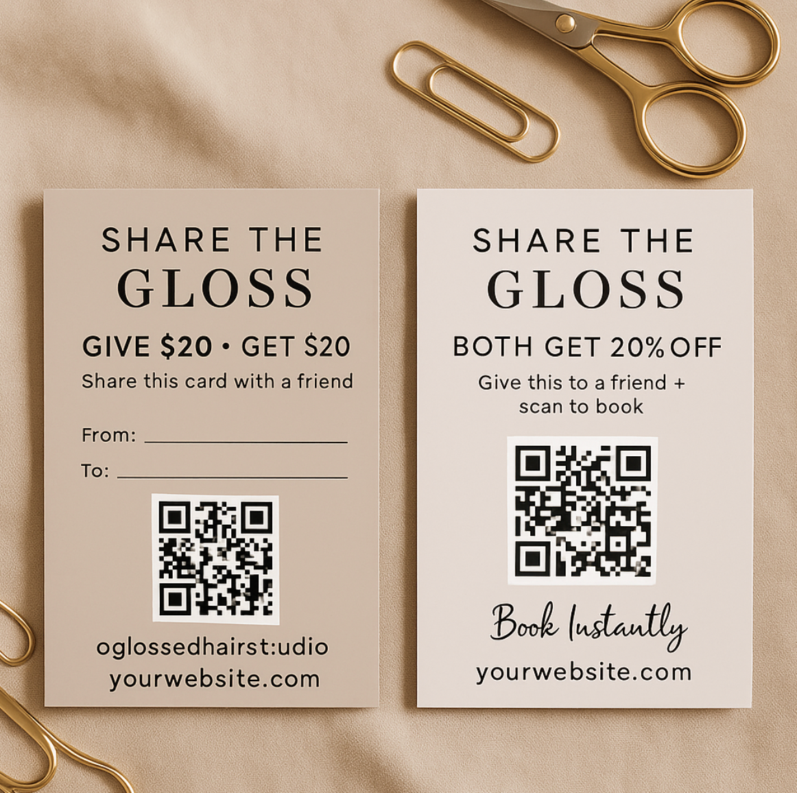 Glossed Referral Card Template (Canva) | “Give $20 / Get $20” & “Both Get 20% Off” | Editable Salon Business Card with QR