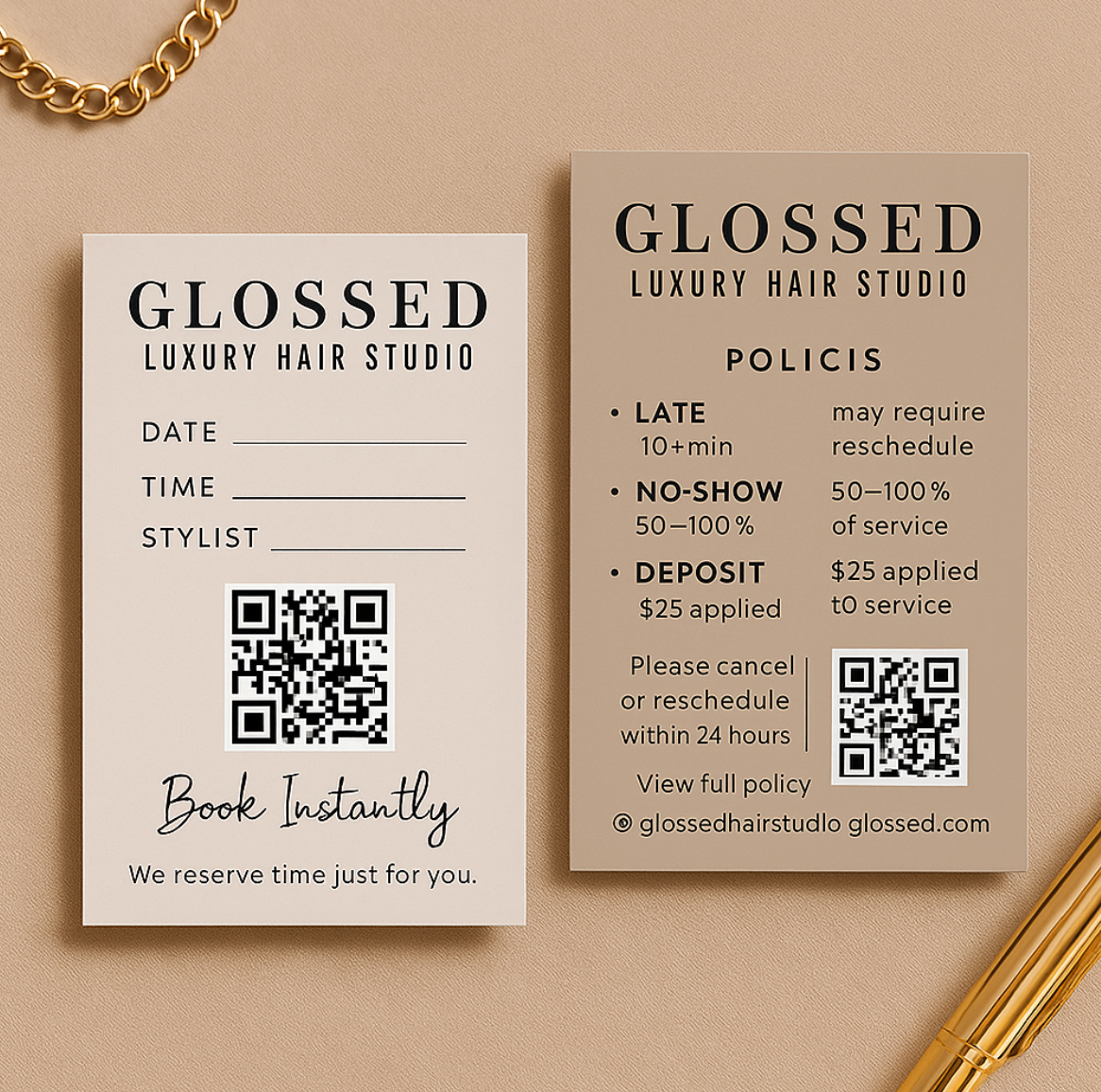 Salon Policy & Appointment Card Template (Canva) | Double-Sided 3.5×2 & 85×55mm | Late/No-Show/Deposit + QR to Book – Glossed Collection