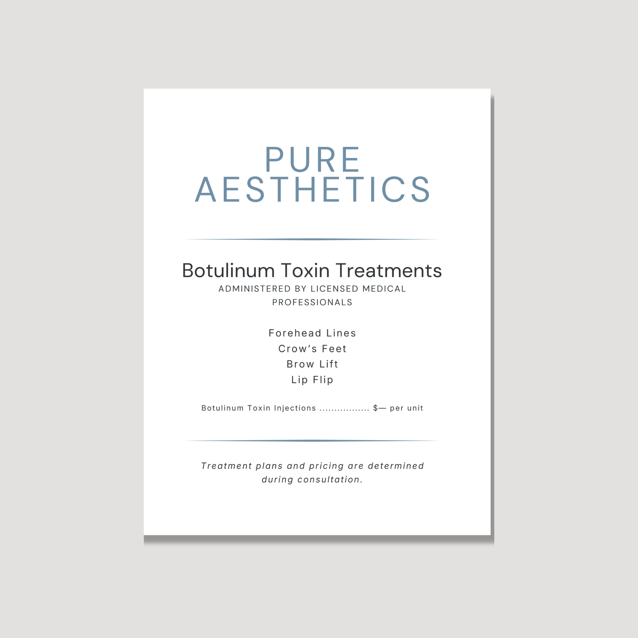 Pure Aesthetics 16×20 Treatment Menu