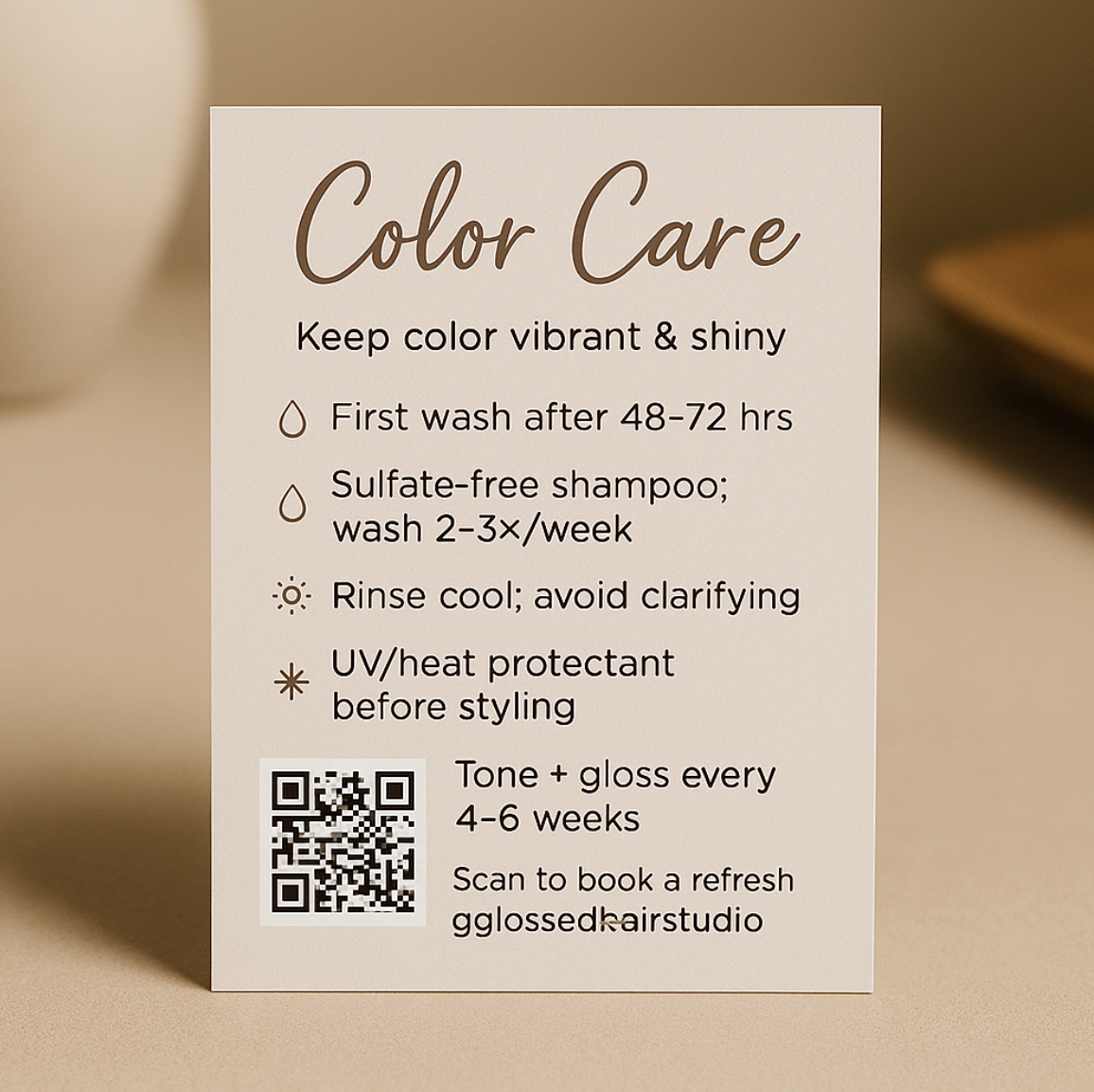 Color Care After-Care Card Template (Canva) | Business Card Size + QR | Neutral Minimal Salon Card – Glossed Collection