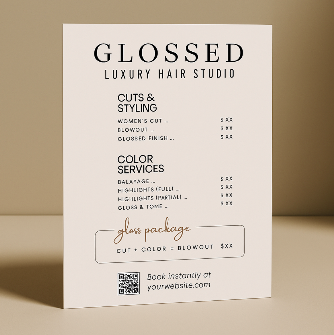 Glossed Hair Salon Price List Template | 8.5x11 + 3.75x8.25 | Modern Minimalist Canva Menu Design