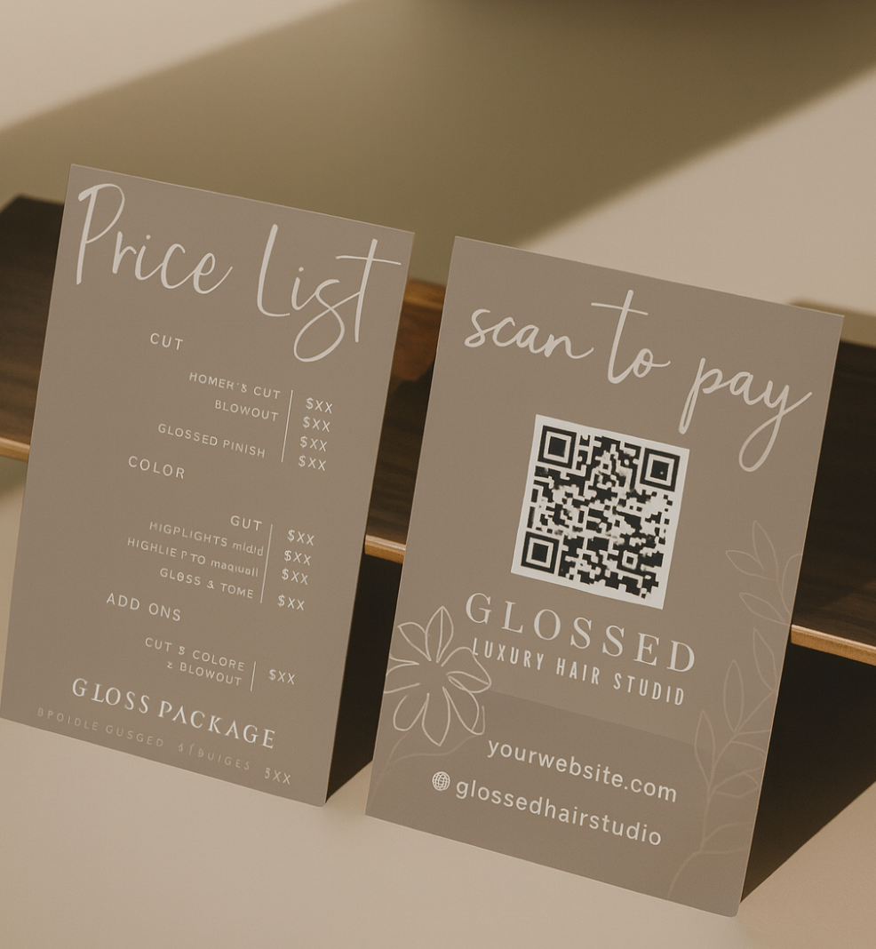 Glossed Hair Salon Scan to Pay Sign Template | Editable Canva QR Code Payment Display | Modern Price List & Checkout Sign