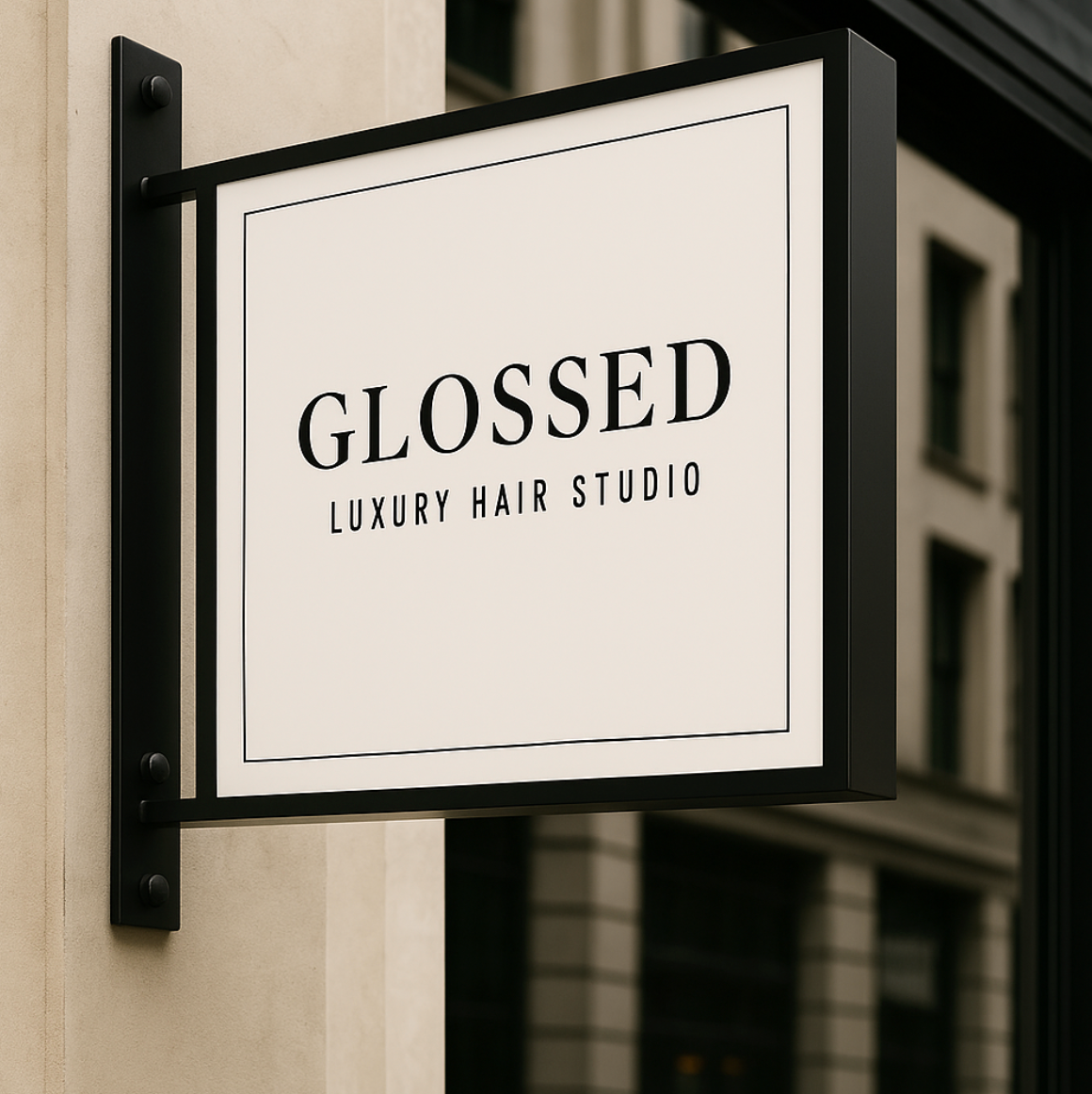 Outdoor Hanging Blade Sign Template (Canva) | Double-Sided 24×24 & 36×24 | Minimal Luxury Salon Signage – Glossed Collection
