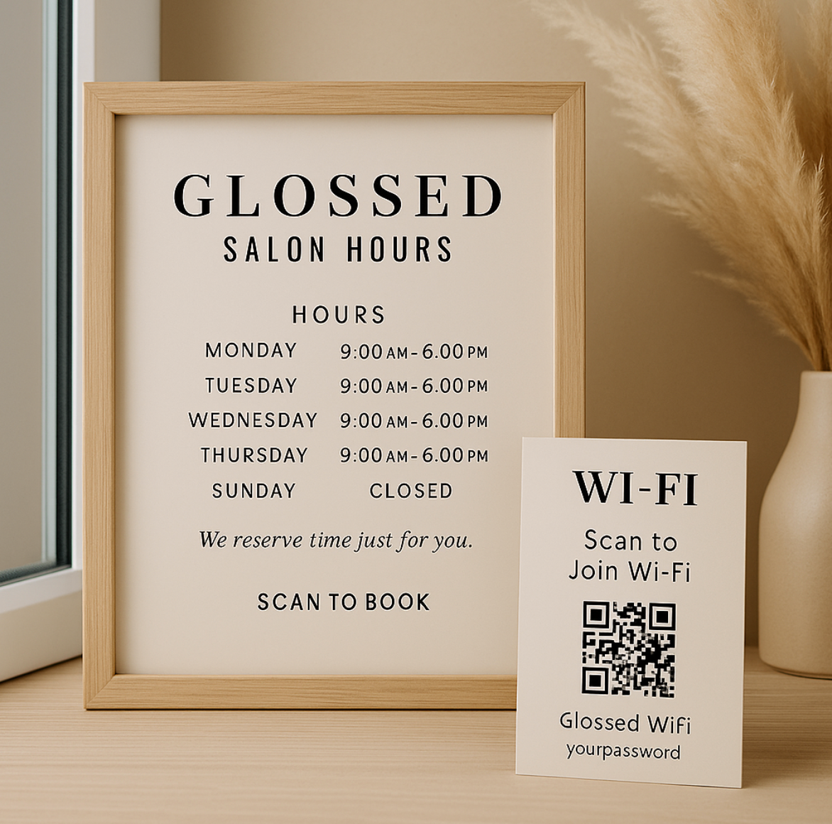 Glossed Salon Hours & Wi-Fi Sign Set (Canva) | 8×10 & 5×7 Door/Front Desk Sign + Wi-Fi QR Card | Minimal Luxury
