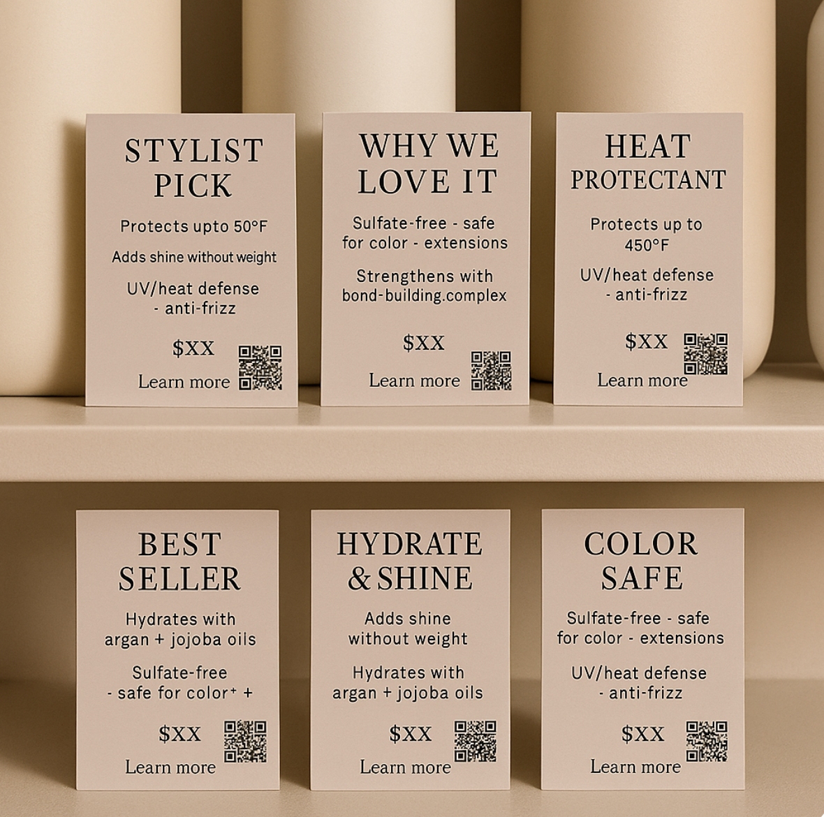 Retail Shelf Talkers (Canva) | 2×3.5" Mini Cards – “Stylist Pick”, “Why We Love It”, “Heat Protectant”, “Best Seller” & More | Price Field + QR – Glossed Collection