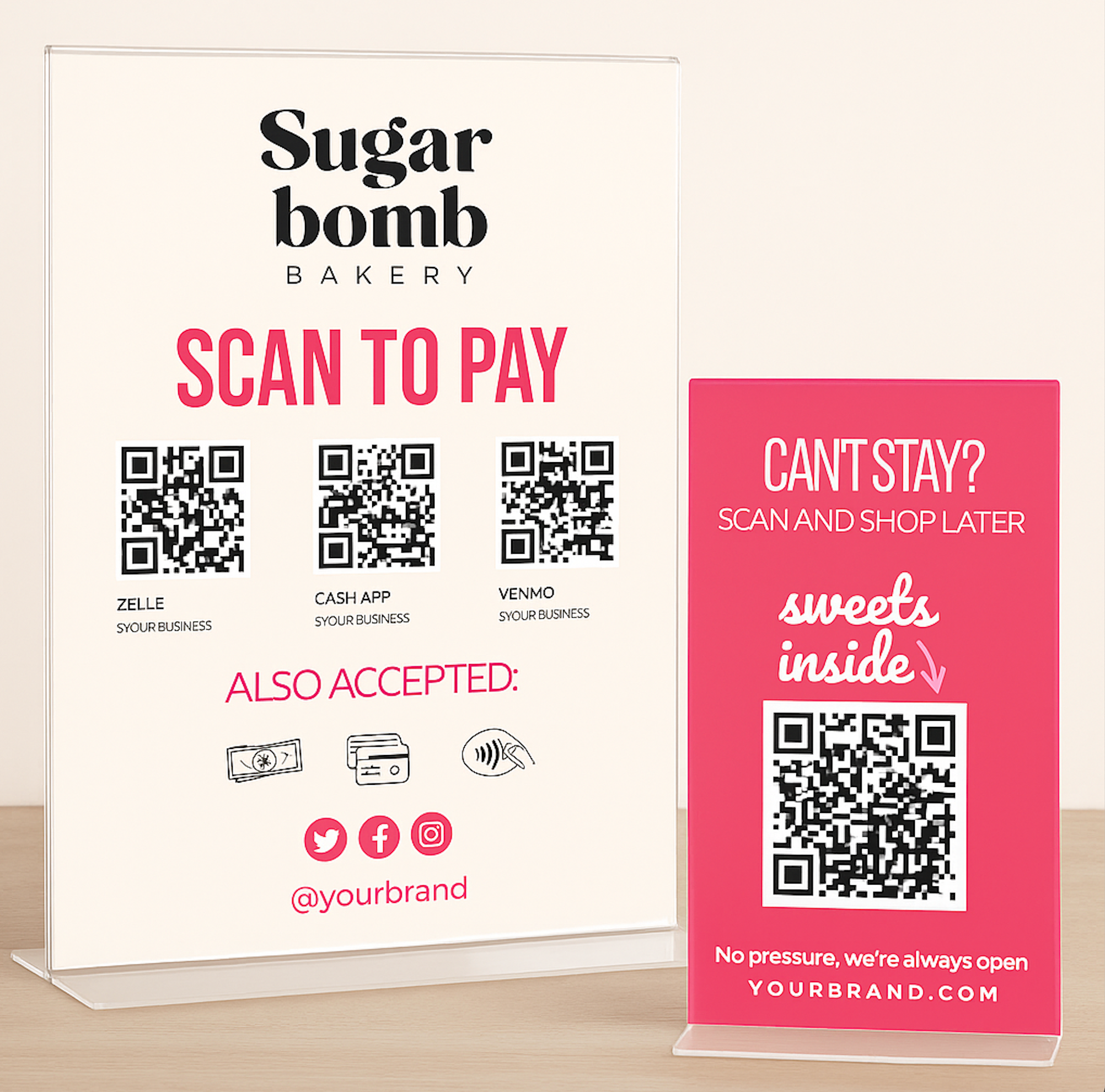 Sugar Bomb Bakery QR Code Sign Templates – 5x7" Editable Canva Designs
