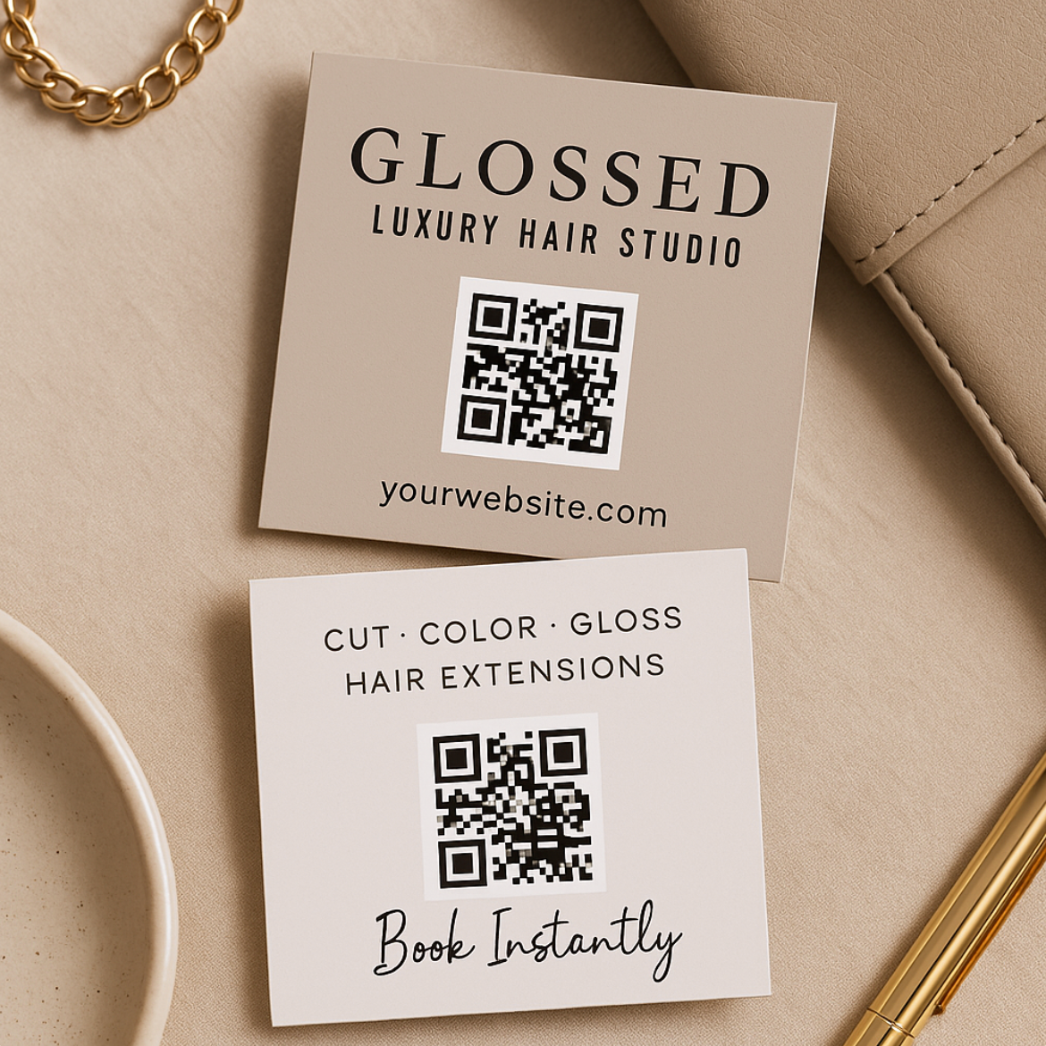 Glossed Square Business Card Template (Canva) | 2.5"×2.5" & 3"×3" | Minimal Luxury Salon Card with QR